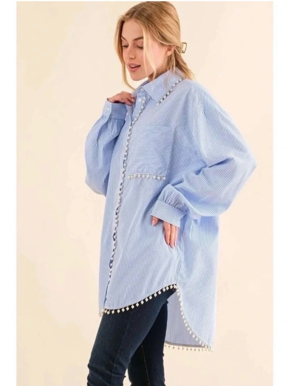 Anthropologie Mememe Pearl Embellished Blue Stripe Buttondown - sz S
